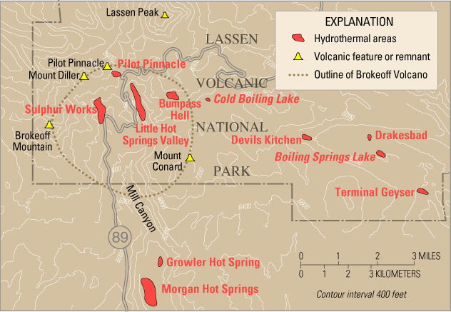 map showing the thermal features of Lassen Volcanic National Park