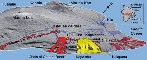 Oblique map of Hawai‘i Island showing recent lava flows of Kīlauea Volcano