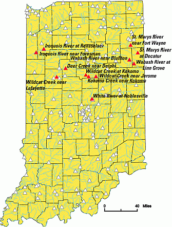Map of U.S. Geological Survey streamflow-gaging stations in Indiana, 2003.
