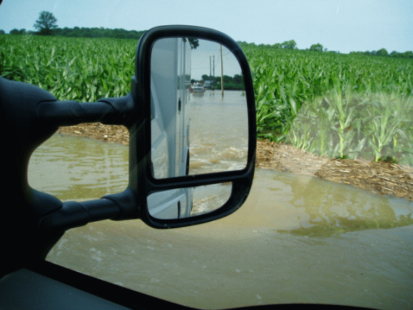 The Wabash River floods major roadways near the town of Bluffton, Indiana.