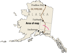 index map of Alaska showing the oil pipeline, the area of fault rupture, and area of larger map