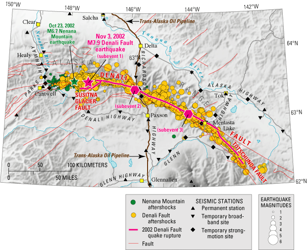 shaded relief map showing location and magnitudeof the main Denali Fault earthquake and all of its aftershocks
