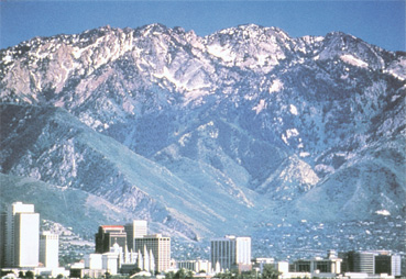 photograph showing Salt Lake City's skyline beneath the Wasatch Mountain Range