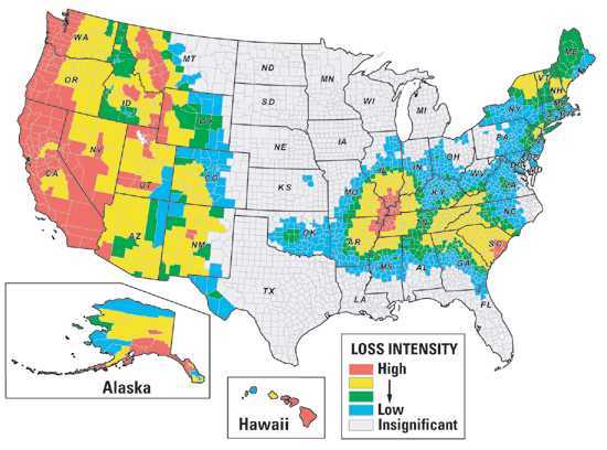map of United States showing estimated losses from future earthquakes