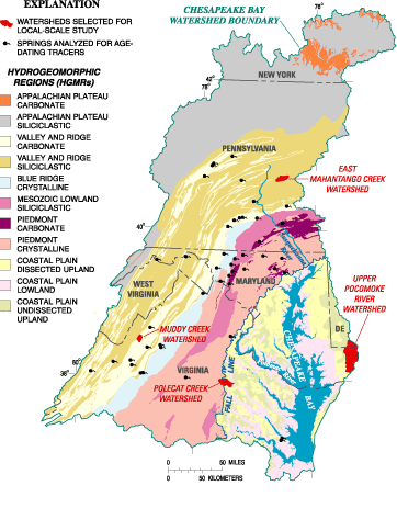 Figure 2. Location of springs and local-scale watersheds sampled in different hydrogeomorphic regions (HGMRs) in the Chesapeake Bay watershed (modified from Lindsey and others, 2003).(Click to view larger image)