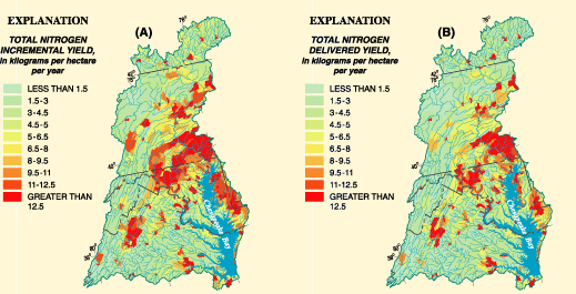 Figure 7. Predicted total nitrogen yields to (A) streams and (B) the Chesapeake Bay (modified from Brakebill and others, 2001).(Click to view larger image)