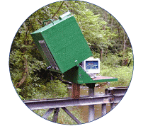 Data collection and transmission using Sutron data recorder and Airlink data-transmission equipment. [Photo by Richard W. Saffer, U.S. Geological Survey] (Click to view larger image.)