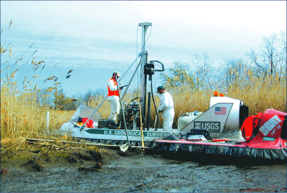 The Hoverprobe and support craft at Aberdeen Proving Ground, Maryland. [Photo by U.S. Geological Survey] (Click to view larger image.)