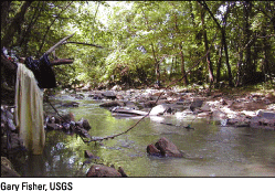 Photograph of urban stream. [Photo by Gary Fisher, USGS] (Click to view larger image)