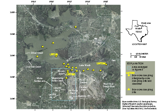 Figure 1. Map showing location of study area and approximate sampling locations in Lake Worth, Fort Worth, Texas, 2000–2001.