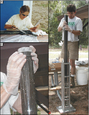 Figure 2. Photographs showing U.S. Geological Survey personnel (a) describing a gravity core, (b) placing gravity core in core extrusion stand, and (c) slicing a subsample from a gravity core (photographs by Barbara J. Mahler, U.S. Geological Survey).