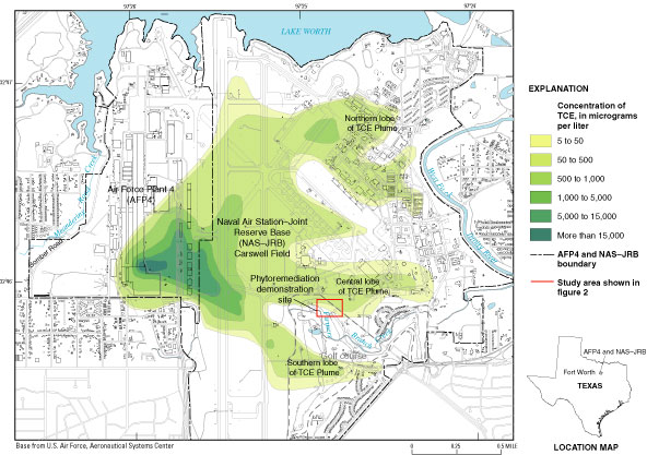 Figure 1. Map showing extent of trichloroethene (TCE) plume in the alluvial aquifer, AFP4 and NAS–JRB, Fort Worth, Texas, fall 2002, and location of phytoremediation demonstration site, NAS–JRB. 