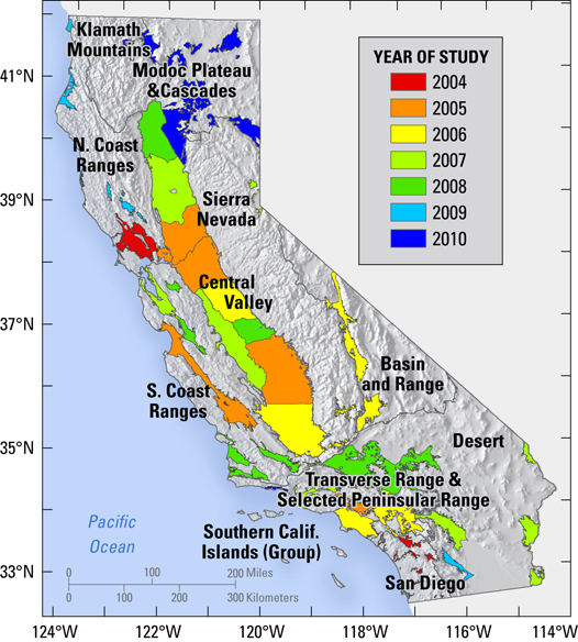 Map showing priority basins, areas that fall outside ground-water basins , and low use  basins in California