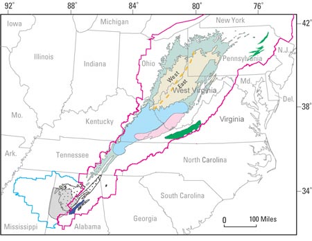 Map showing locations of Appalachain basin coalbed methane. For a more detailed explanation, contact Robert C. Milici at rmilici@usgs.gov