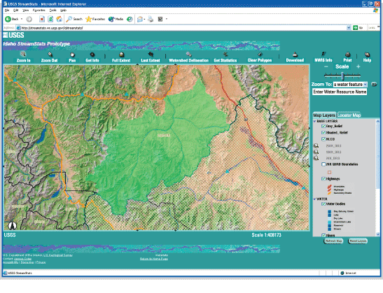 Figure 2. Drainage basin delineation for an ungaged site using StreamStats. (Click to view larger image)