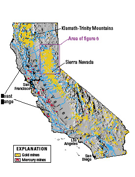 Map showing Locations of past-producing gold and mercury mines