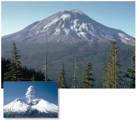 photos of Mt. Saint Helens before and after the 1980 eruption.  The early photo shows a mountain much higher.  The later photo shows a mountain with the top and north side blown away