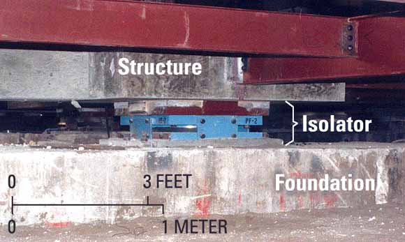 close-up photo showing structure on top, isolator in the middle, and foundation on the bottom