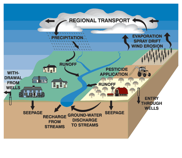Figure 1. Pathways of pesticide movement in the hydrologic cycle (modified from Barbash and Resek, 1996).