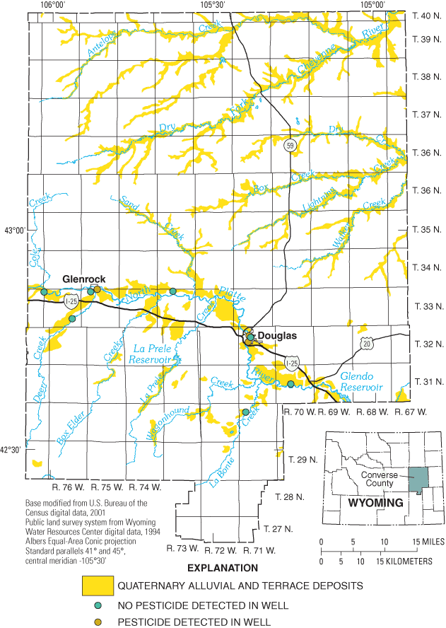 Figure 3. Location of wells sampled in Converse County, Wyoming, and notation of pesticide detection in each well.