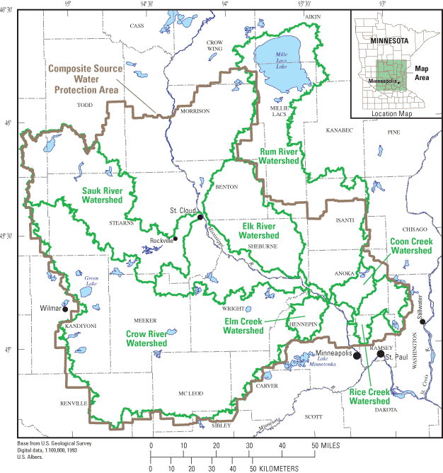 Figure 1. Locations of selected river watersheds tributary to the Upper Mississippi River and Composite Source Water Protection Area.