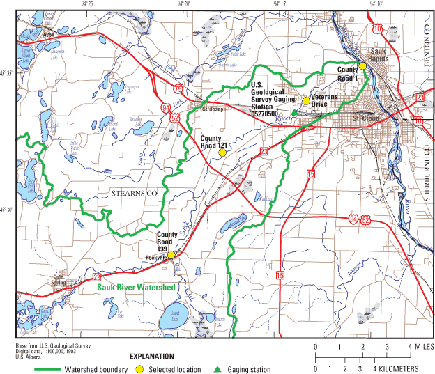 Figure 2. Downstream reach of Sauk River showing selected locations of estimated time of travel points.