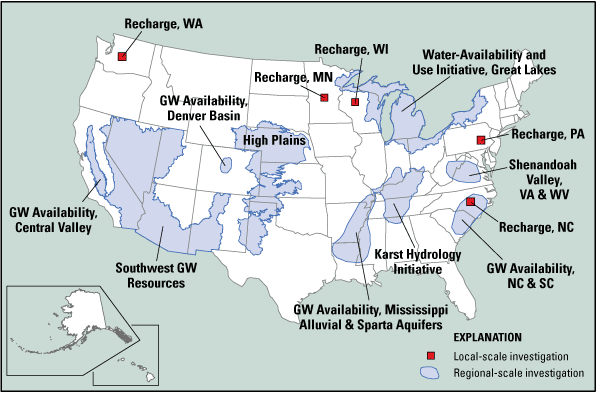 Map of United States showing local-scale and regional-scale investigations