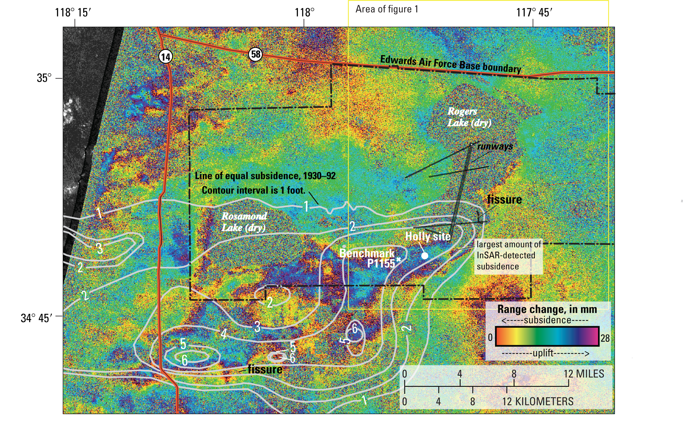 Figure 4 - Contours showing subsidence (in feet) from about 1930 to 1992, and interferogram showing vertical land-surface change for August 9, 1997–October 23, 1999.