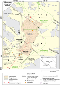 Generalized surficial geology, ground-water subbasins, selected piezometers and wells, faults, and geologic section, Edwards Air Force Base, California.