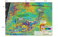 Contours showing subsidence (in feet) from about 1930 to 1992, and interferogram showing vertical land-surface change for August 9, 1997–October 23, 1999.
