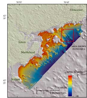 A color map of seafloor topography off the coast of Marblehead, Massachusetts, as generated by Bathymetric Sonar.