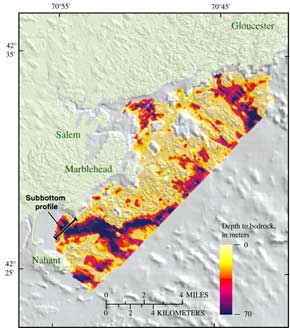 A color map of sediment thickness off the coast of Marblehead, Massachusetts, as generated by Subbottom Profiling.