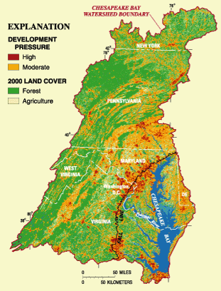 Figure 1. Potential future development pressure in the Chesapeake Bay watershed in 2010 (from Claggett and Bisland, 2004). (Click to view larger image)