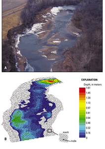 Figure 1. (A) A natural site (undetermined streamflow) simulated by a two-dimensional model. (b) Model mesh and simulated depths at the same site, at a streaflow of 16.4 cubic meters per second