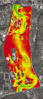 Figure 3. Visualization of numerical model output for a flood along the Blue River in Kansas City, Missouri, as simulated by the Finite Element Surface Water Modeling System. (Red represents the slowest water velocities and green represents the fastest water velociities).