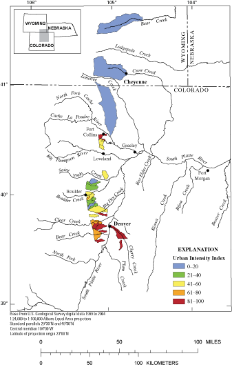 Figure 1. Location and range of urban-intensity index values of the 28 study streams.