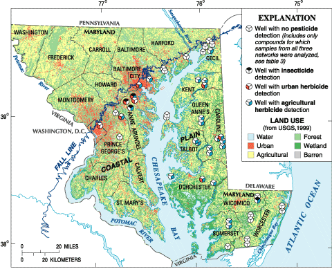 Figure 1. Land use, location of sampled wells, and summary of pesticides in ground water (2001-04) in the Maryland Coastal Plain. (Click to view larger image)