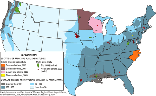 Figure 1. Locations of U.S. Geological Survey Ground-Water Resources Program recharge studies
in humid areas of the United States and 1961-1990 average annual precipitation.