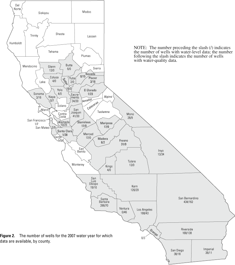 Figure 2. The number of wells for the 2007 water year for which data are available, by county.