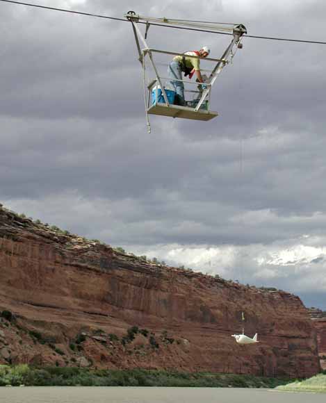 photo of worker in a tram that is dangling from a cable while a measurement tool the size of a large fish is lowered into the river some 30 feet below