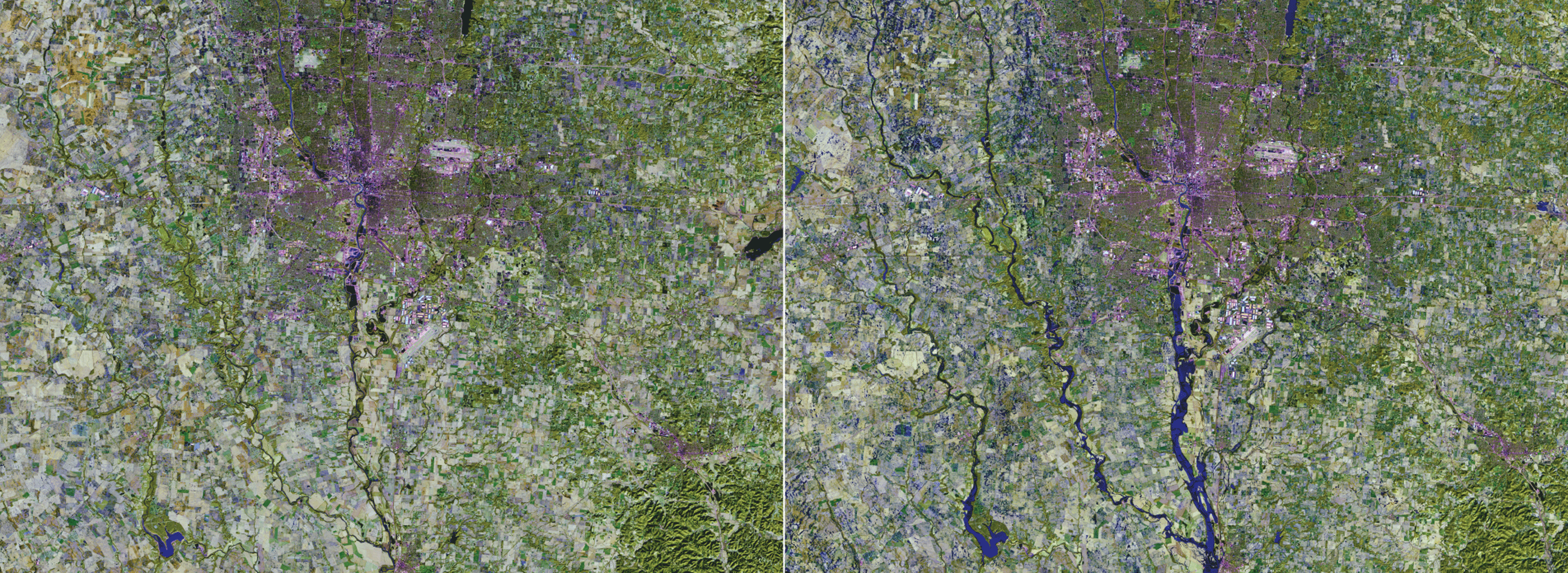 Landsat images show the flooded Scioto River in 2018 compared to normal water levels
                     in 2016.