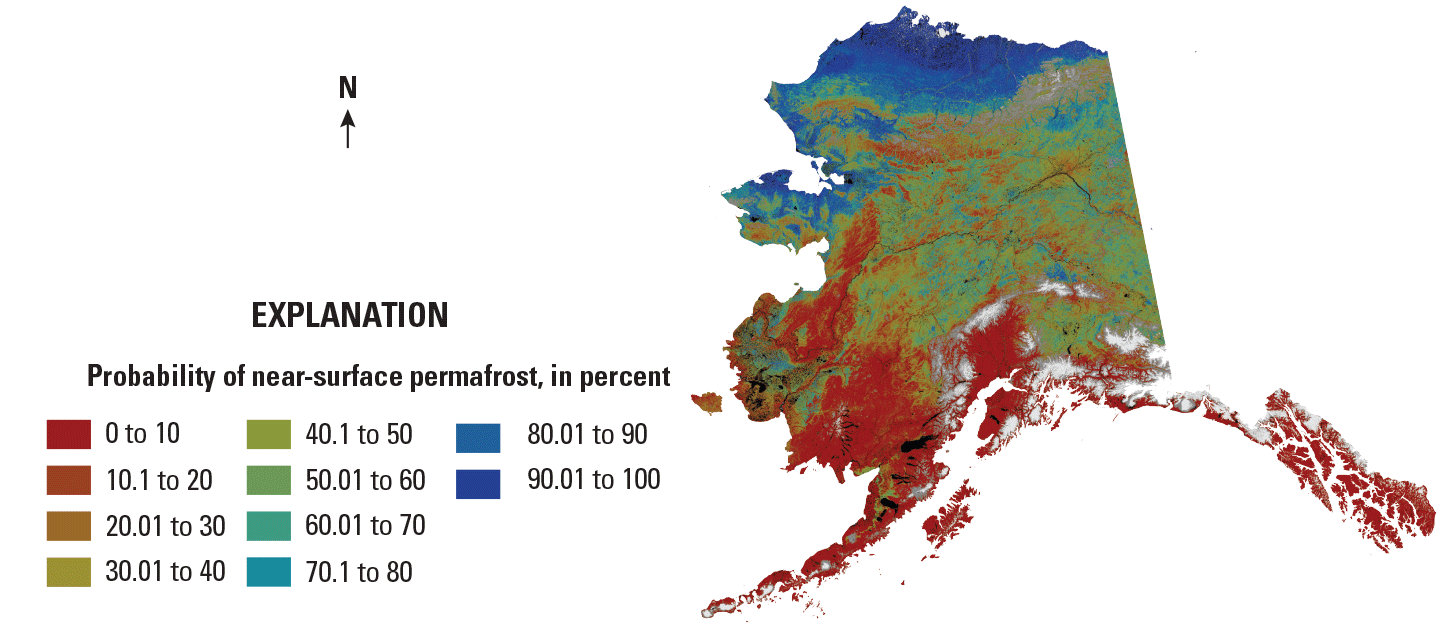The color-coded map shows the probability of near-surface permafrost increases from
                     south to north in Alaska.