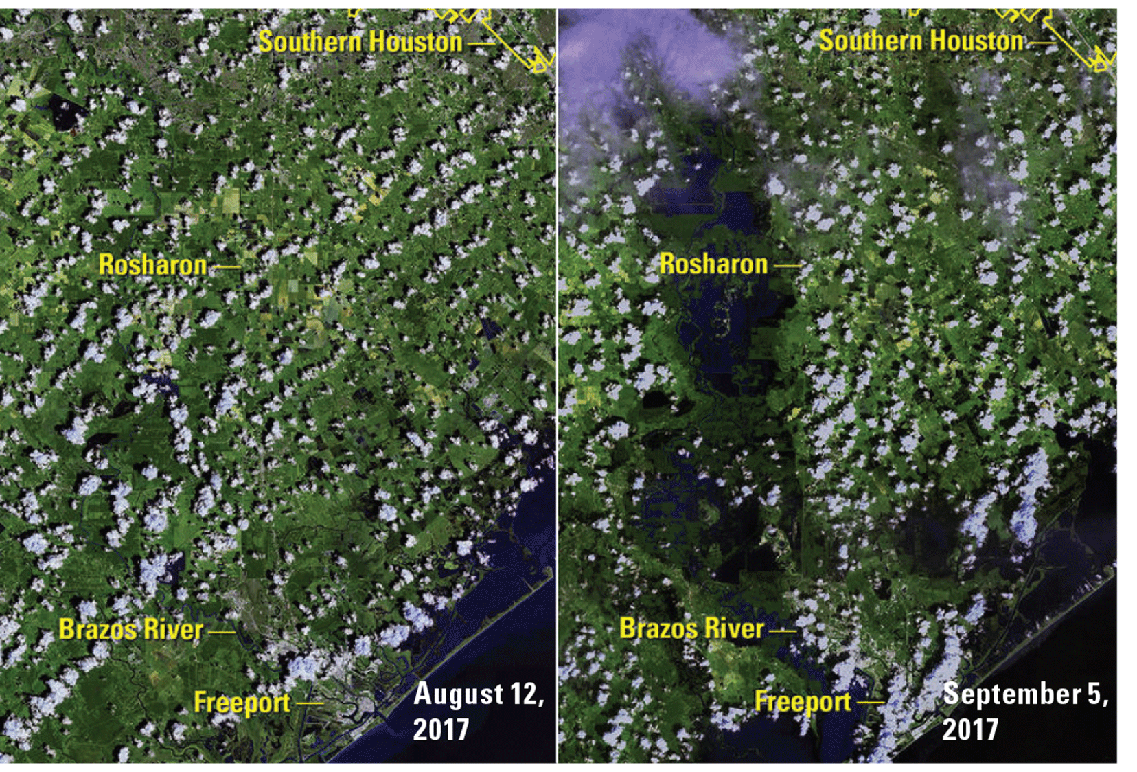Landsat images show the gulf coast of Texas before and after Hurricane Harvey.