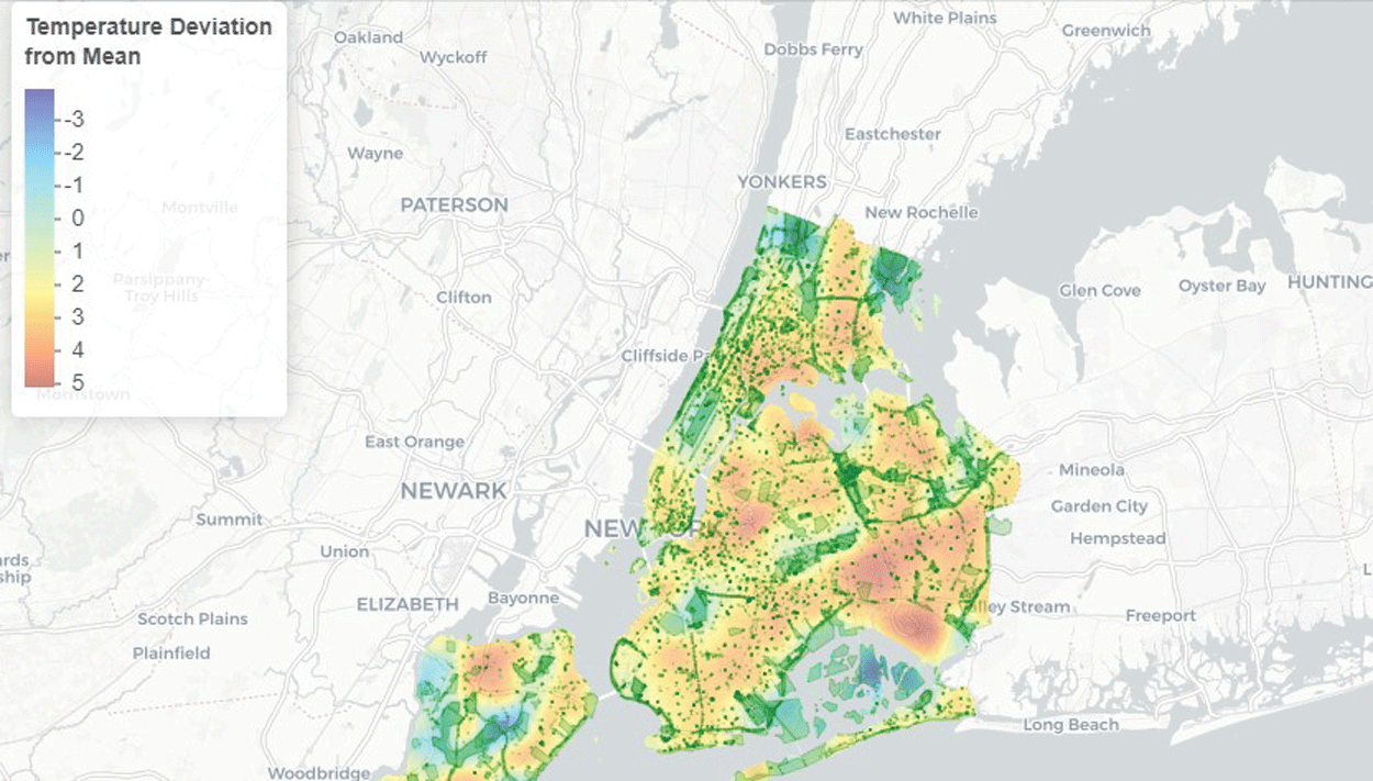 The New York City Council’s Data Team used Landsat 8 data to create an interactive
                        map showing temperature differences throughout the city. Image credit: New York City
                        Council; used with permission.