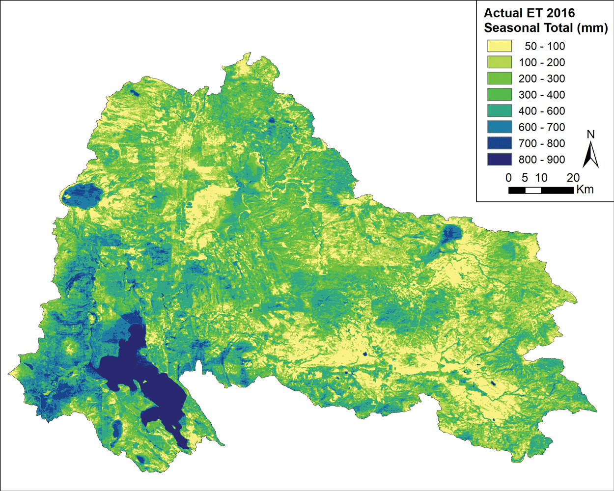 This map of the Upper Klamath Basin shows the estimates of actual ET for June–September
                        2016 using Landsat data in the Operational Simplified Surface Energy Balance ET model
                        (areas in darker blue are bodies of water). Image credit: Velpuri and others, 2020.