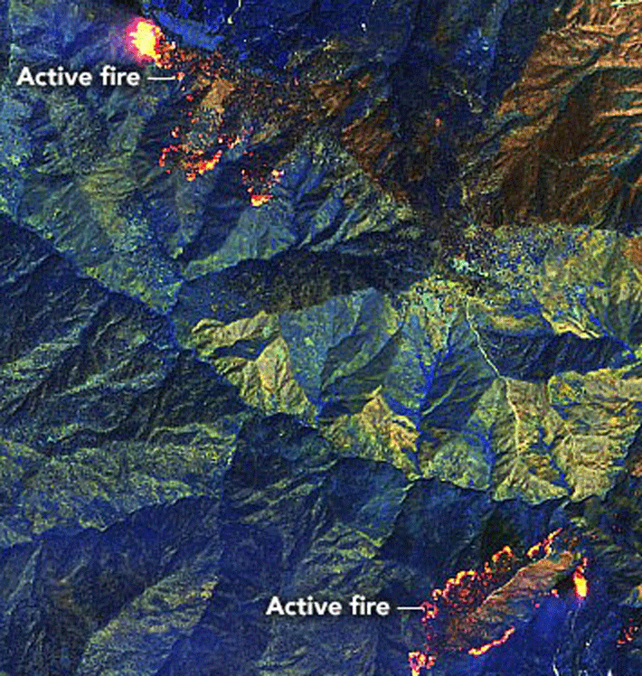 The August Complex Fire in California started August 17, 2020, took nearly 3 months
                        to contain and burned more than 1 million acres. This Landsat image acquired September
                        1, 2020, reveals the intensity of the northern part of the fire via shortwave and
                        near-infrared data. The hottest parts of the fire appear yellow; previously burned
                        areas are dark brown. Image credit: NASA; used with permission.