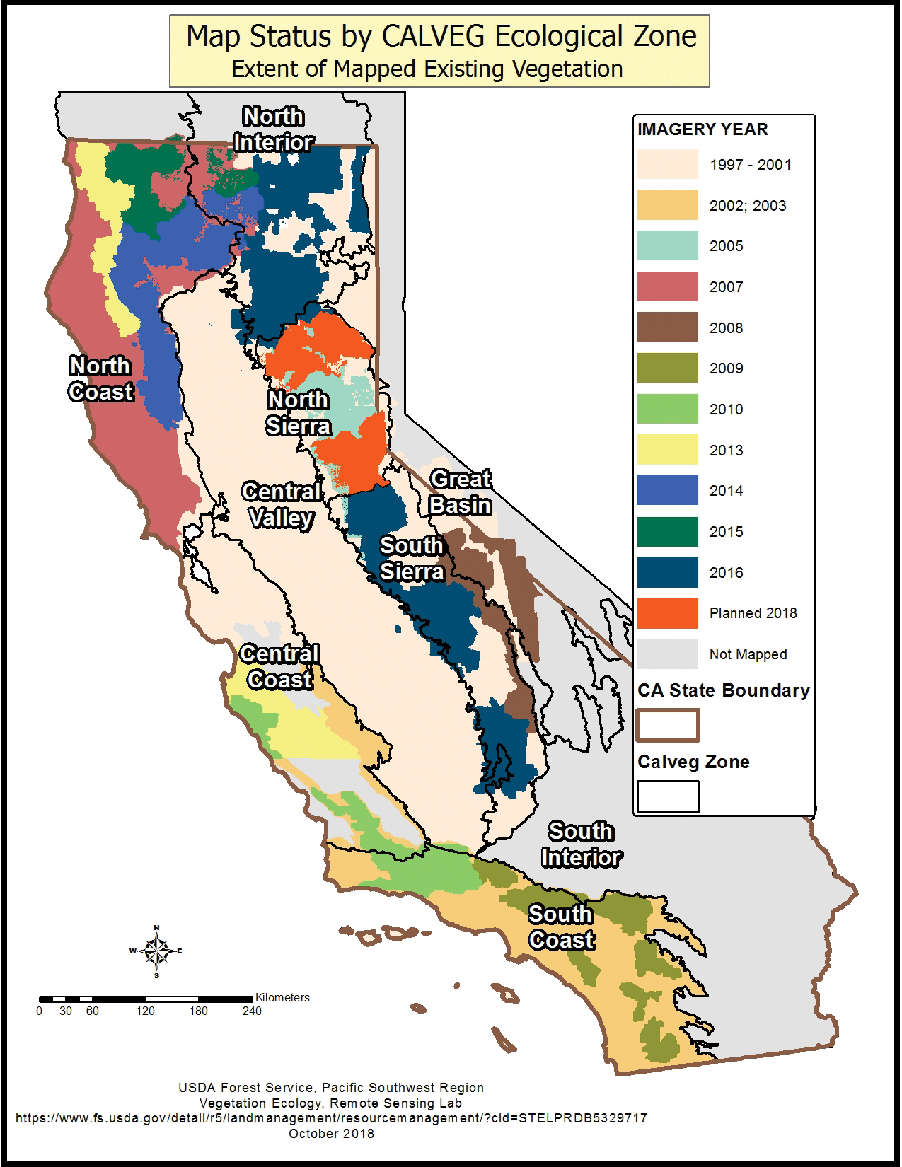 This picture shows the extent of vegetation mapping in California’s ecological mapping
                        zones. Vegetation mapping has been completed for all national forest lands in California,
                        and this map indicates where and when mapping has been completed for all land ownerships
                        within the zones. Image credit: USDA Forest Service; used with permission.