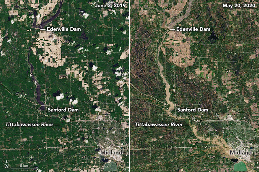 Natural-color Landsat 8 images captured June 3, 2019, and May 20, 2020, show the area
                        around Midland, Michigan, and the upstream Edenville and Sanford Dams before and after
                        the dams were breached following heavy rains May 19, 2020. Image credit: Joshua Stevens
                        of NASA Earth Observatory; and the USGS.