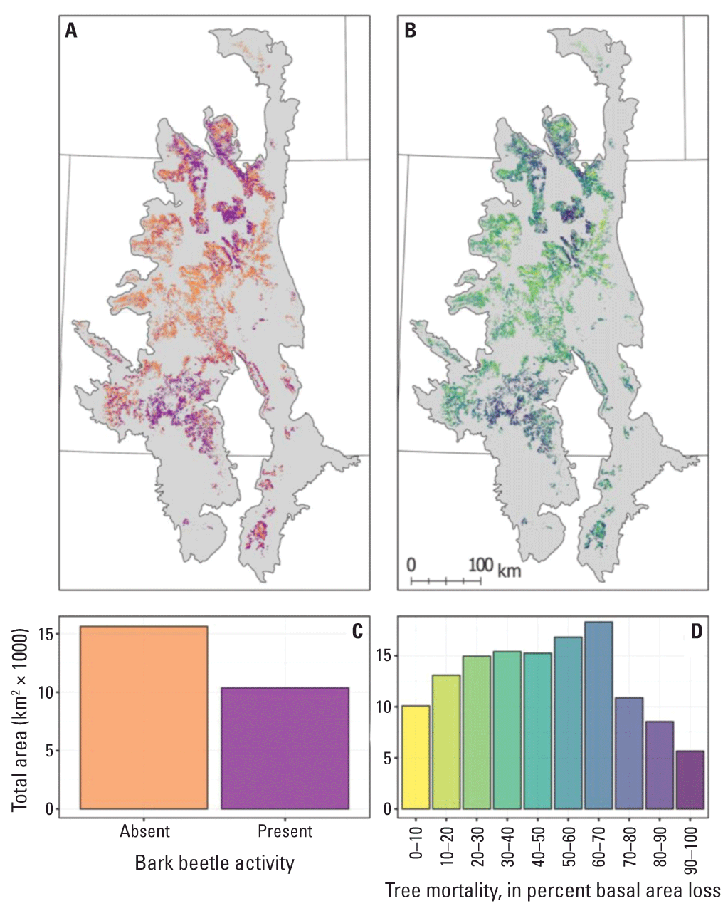 Maps showing the presence and severity of bark beetle-caused tree mortality from 1997
                     to 2019 throughout the southern Rocky Mountains. Graphs showing the total area of
                     presence/absence and total area with different outbreak severities.