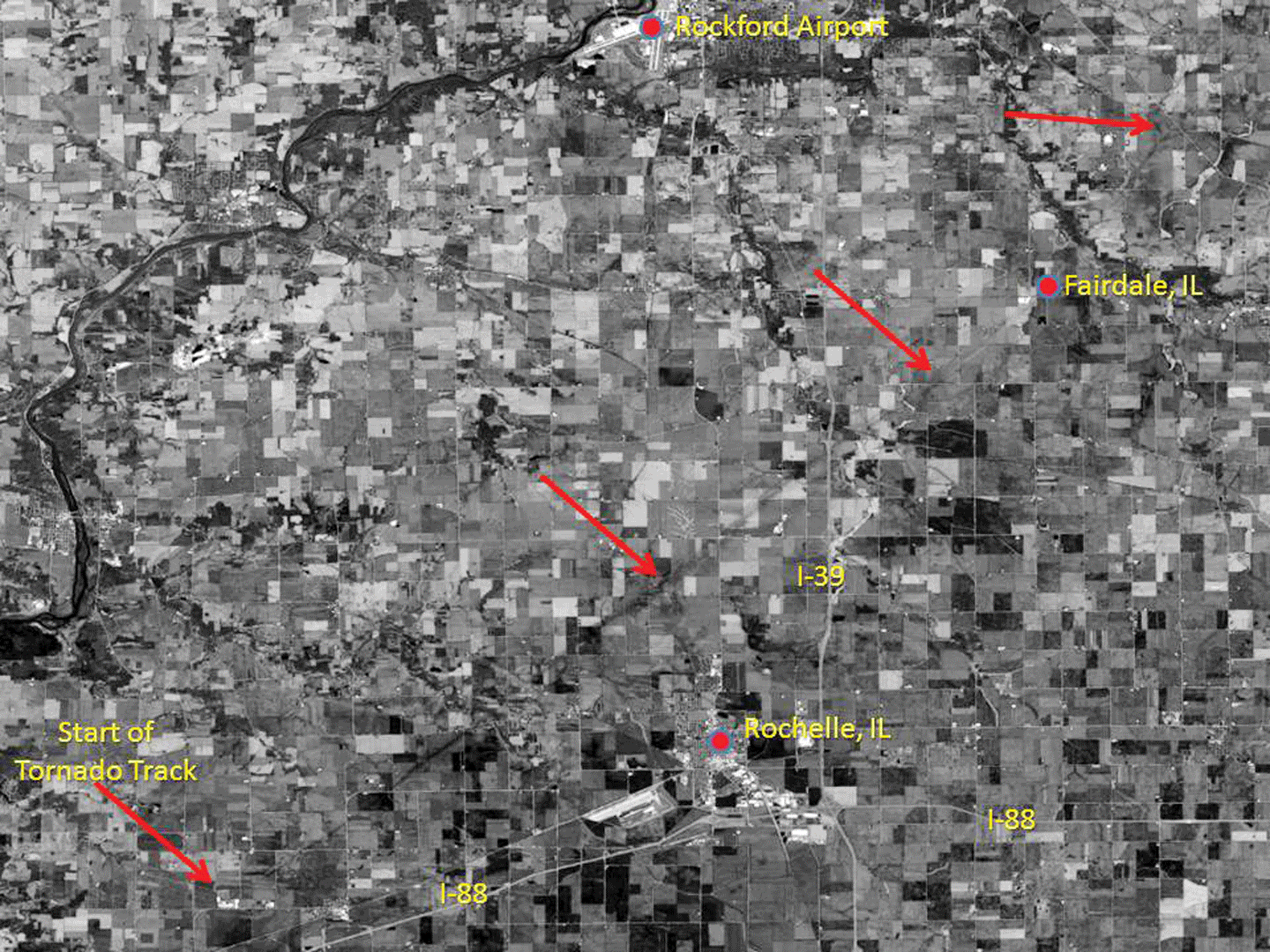 This labeled Landsat 8 image, acquired April 10, 2015, shows the EF-4 tornado track
                        northwest of Rochelle, Illinois. Image credit: National Weather Service.